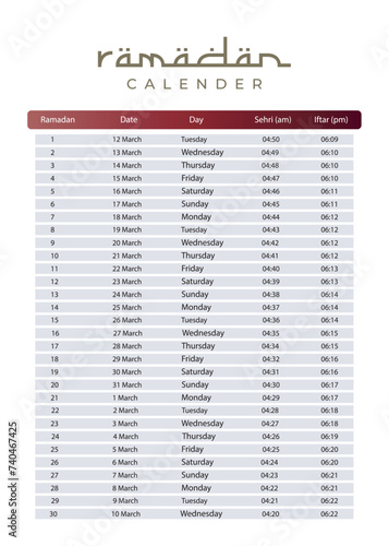 Ramadan Calendar 2024 With Prayer times in Ramadan. Ramadan Schedule vector design