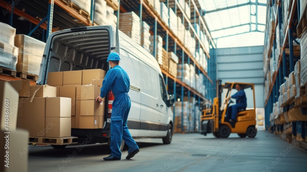 modern, well-lit warehouse interior with two uniformed workers. One is loading cardboard boxes into the back of a white van and the other is operating a pallet jack, transporting goods.