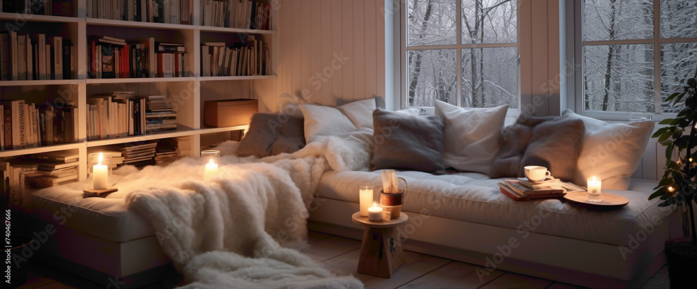 A Scandinavian living room with a touch of hygge, featuring plush throws, soft lighting, and a comfortable reading nook by the window. - obrazy, fototapety, plakaty 