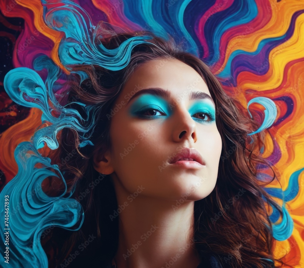 Young woman over acid colors background
