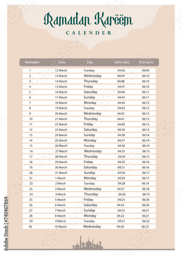 Ramadan Calendar 2024 With Prayer times in Ramadan. Ramadan Schedule vector design