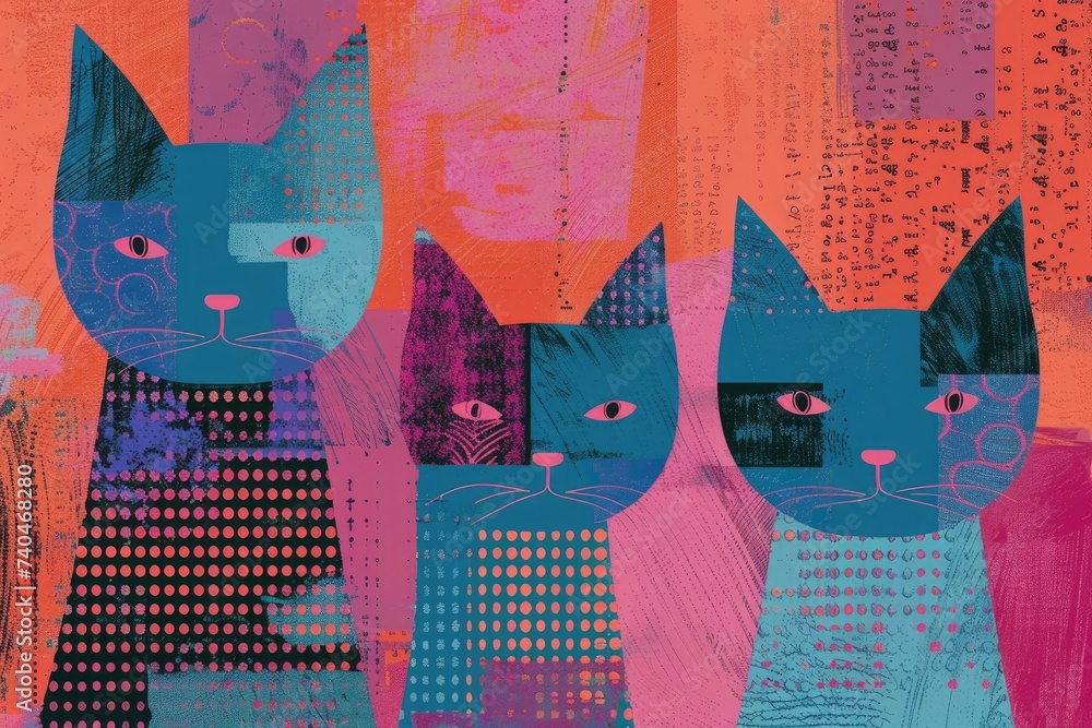 This painting depicts three cats in different colors - one black, one orange, and one grey - sitting side by side. Each cat has unique markings and expressions that distinguish them from one another.