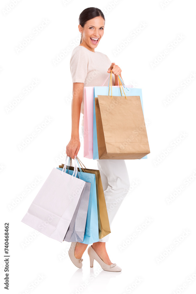 Excited, shopping bag and portrait of woman on a white background for sale, discount and deal news. Fashion, happy customer and isolated person for retail products, consumerism and purchase in studio Excited, shopping bag and portrait of woman on a white background for sale, discount and deal news. Fashion, happy customer and isolated person for retail products, consumerism and purchase in studio