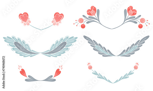 Vector set of floral frames in pastel colors. Decorative folk art cliparts with pink flowers, hearts and stems with foliage photo