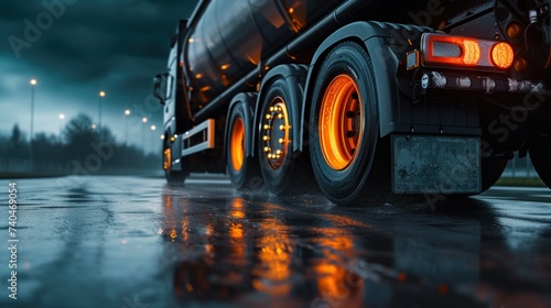 Truck chassis and orange wheels on a wet road in rainy weather, close-up. Safety concept and tire grip on wet road photo