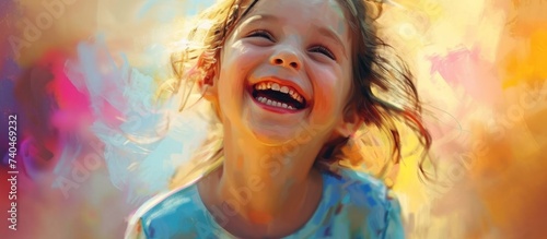 A toddler with an electric blue iris is laughing joyfully with her mouth wide open, showcasing her beautiful smile in front of a colorful background