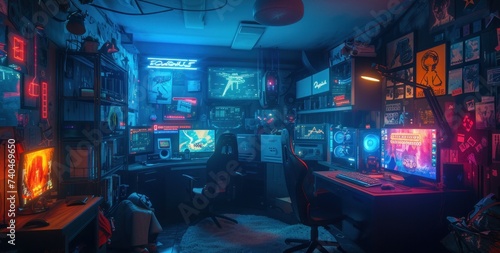 Background image of teenagers gaming room with blue neon lighting and PC screen mockup, copy space