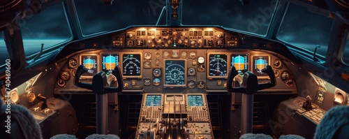 Empty pilot Cockpit with switched on Flight Deck dashboard in night, without people. Throttle jet cabin with control panel plane
