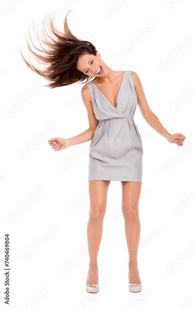 Woman, dancing and crazy hair with music, work fashion and freedom with celebration in a studio. Happy, smile and career achievement with a female person in trendy clothes with white background Woman, dancing and crazy hair with music, work fashion and freedom with celebration in a studio. Happy, smile and career achievement with a female person in trendy clothes with white background