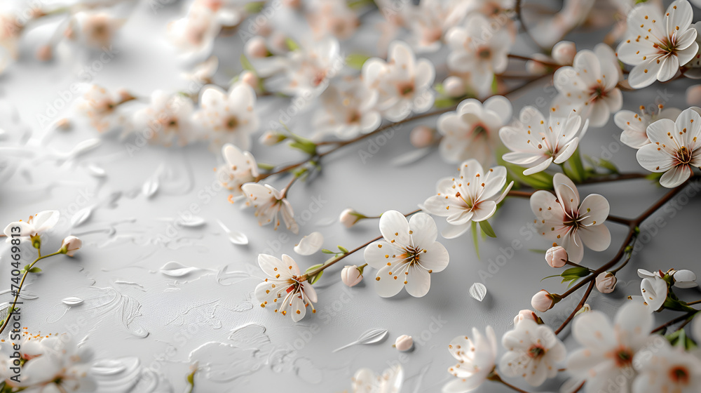 Render of Cherry Blossoms on Grey Textured Background, Spring Concept, Elegant Wallpaper Design, Soft White and Pink Tones, Ideal for Greetings or Wedding Invitations
