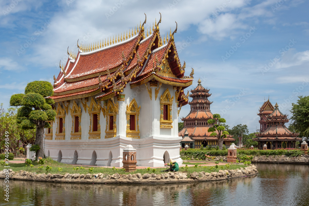 Colorful detailed architecture of Dusit Maha Prasat Throne Hall pagoda temple building exterior at Ancient City Siam Bangkok Thailand