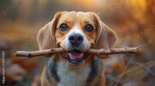 Happy beagle dog looking on green grass background. photo