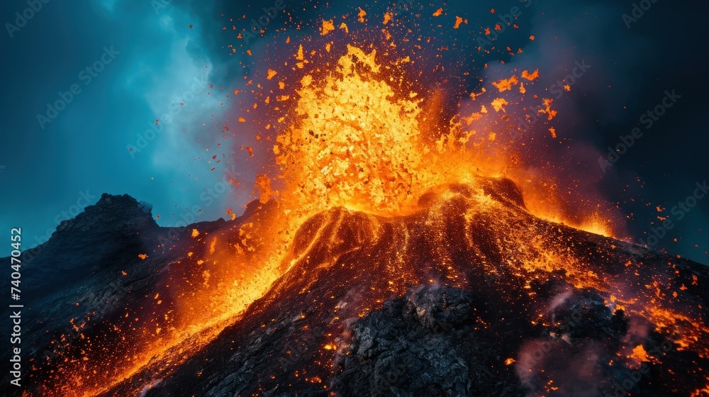 Burning hot lava splashing in volcano crater in overcast evening - obrazy, fototapety, plakaty 