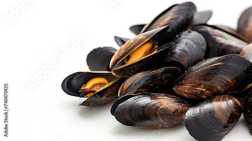 Top view of a pile of mussels in a white backdrop with a big empty space for text or product, Generative AI.