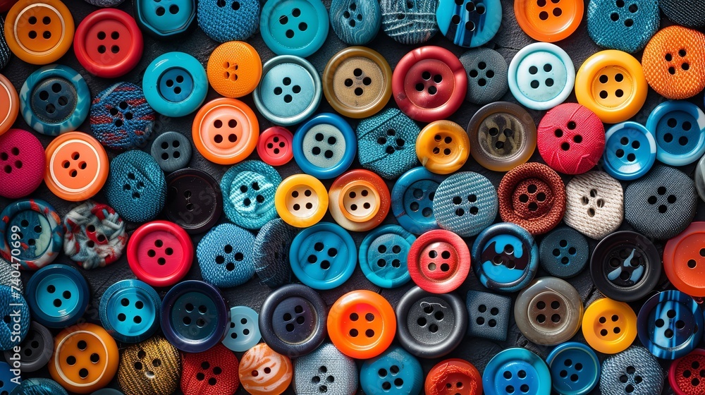 Top view of colorful sewing buttons in a surface with various sizes and ...
