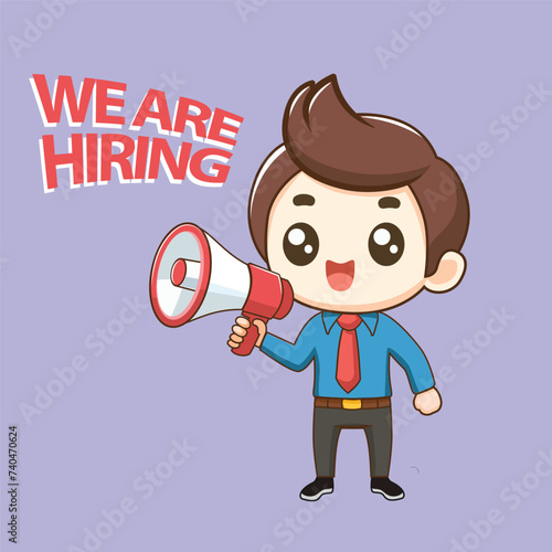 3D cute flat vector character illustration of a manager employee staff announcing a Job vacancy, office worker with magaphone speaker is hiring photo