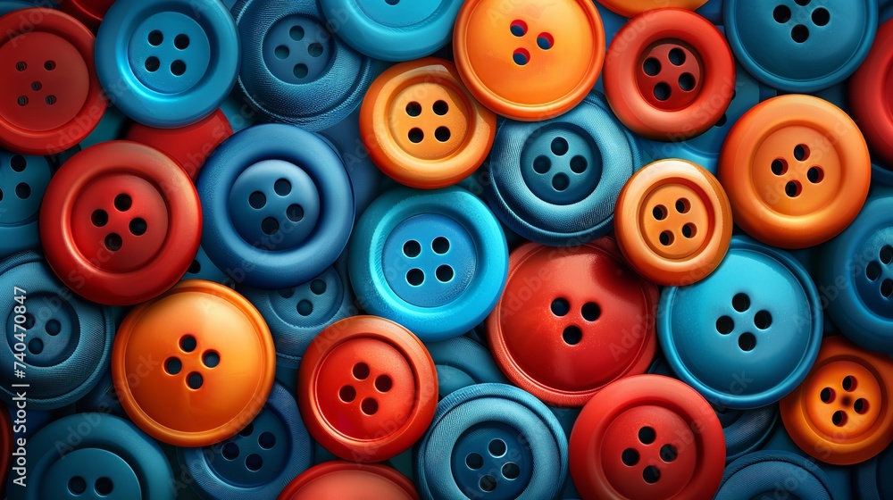 Top view of colorful sewing buttons in a surface with various sizes and color for background image, Generative AI. - obrazy, fototapety, plakaty 