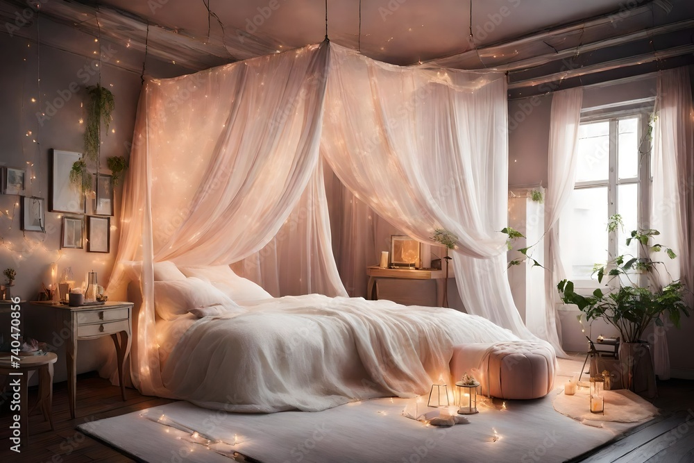 A dreamy bedroom with a canopy bed draped in sheer curtains, soft pastel colors, and twinkling fairy lights. The atmosphere exudes romance and serenity