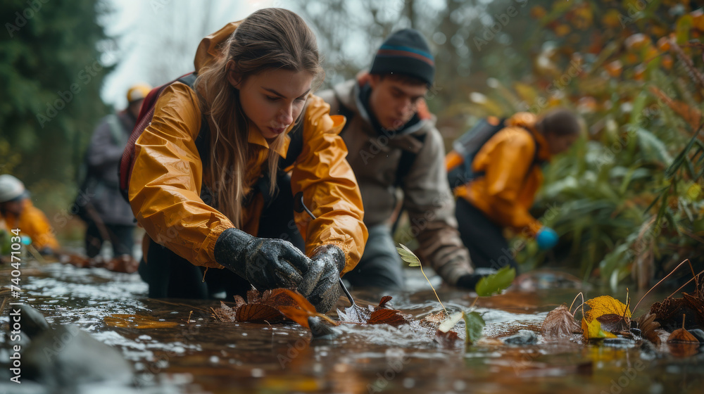Young volunteers clean a river Young volunteers clean a river
