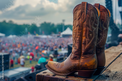 Cowboy Boots Overlooking Outdoor Music Festival. A pair of worn cowboy boots perched on a wooden ledge with a blurred music festival crowd in the background. generative ai photo