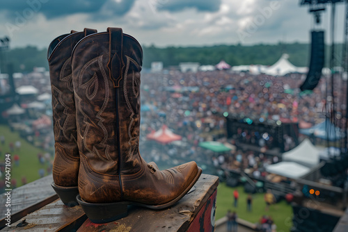 Cowboy Boots Overlooking Outdoor Music Festival. A pair of worn cowboy boots perched on a wooden ledge with a blurred music festival crowd in the background. generative ai