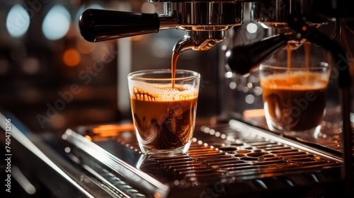 Espresso pouring from coffee machine at the cafe photo