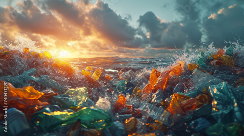 Plastic waste with dramatic sunset in the background