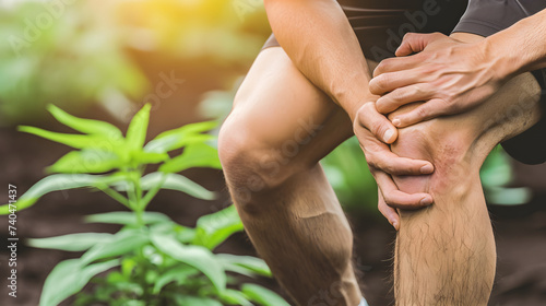 Knee joint pain in Caucasian man. Concept of osteoarthritis, rheumatoid arthritis or ligament injury photo