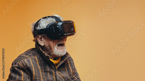 elderly man emotional joyful surprised with virtual reality sunglass