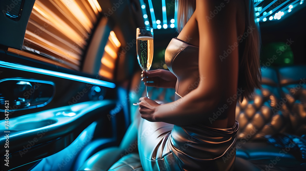 A wealthy woman with a glass of champagne in luxury car - obrazy, fototapety, plakaty 