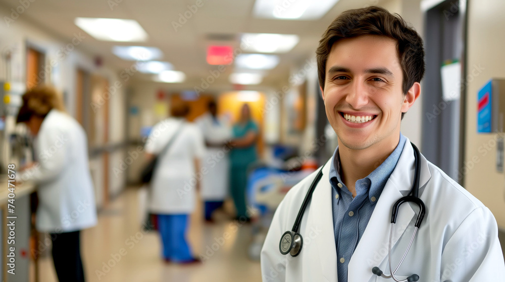 Happy doctor with stethoscope in hospital, staff in background with staff Happy doctor with stethoscope in hospital, staff in background with staff