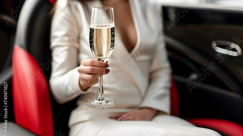 A wealthy woman with a glass of champagne in luxury car © May Thawtar