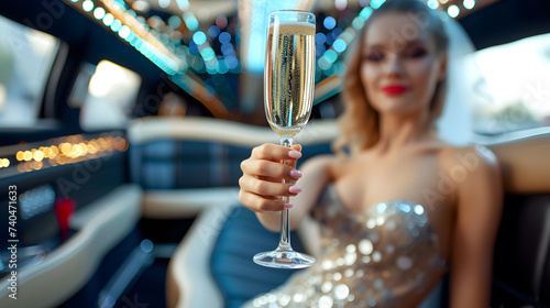 A wealthy woman with a glass of champagne in a luxury car. The focus is on the glass. © May Thawtar