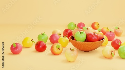 apples in different types and colors in a bowl with some scrattered around on yellow background. 3d illustration photo