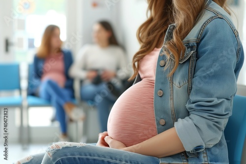 Close-up of an unrecognizable pregnant woman sitting in a waiting room indoors. Women's medical consultation photo