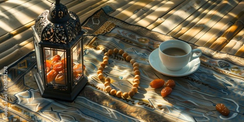 Traditional lantern, fruit dates, rosary beads and cup of Arabic coffee on small straw mat with arabesque shadow effect - generative ai