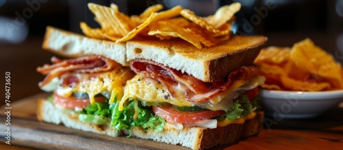 A delicious sandwich with chips on top is presented on a rustic wooden cutting board, showcasing a fusion of flavors and textures in this culinary creation