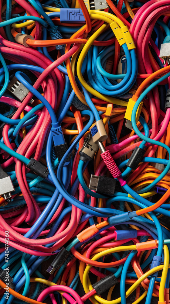 Tangled Tech: A Vivid Tangle of Various Colored USB Cables in a Dynamic Close-up View Tangled Tech: A Vivid Tangle of Various Colored USB Cables in a Dynamic Close-up View