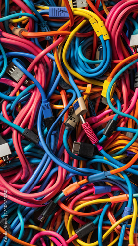Tangled Tech: A Vivid Tangle of Various Colored USB Cables in a Dynamic Close-up View © AIRina