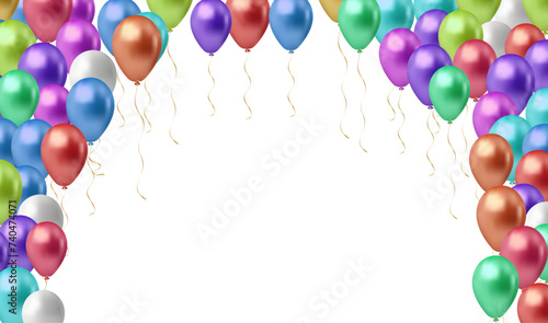 Colorful birthday balloon with bunting flags and confetti