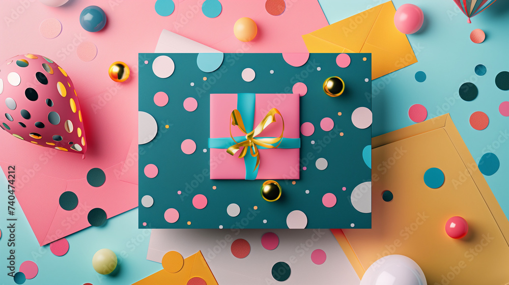 Fototapeta premium Festive and Fun: Minimalistic Style Birthday Invitation Card with Vibrant Colors, Polka Dots, Party Hat, and Gift Box Elements
