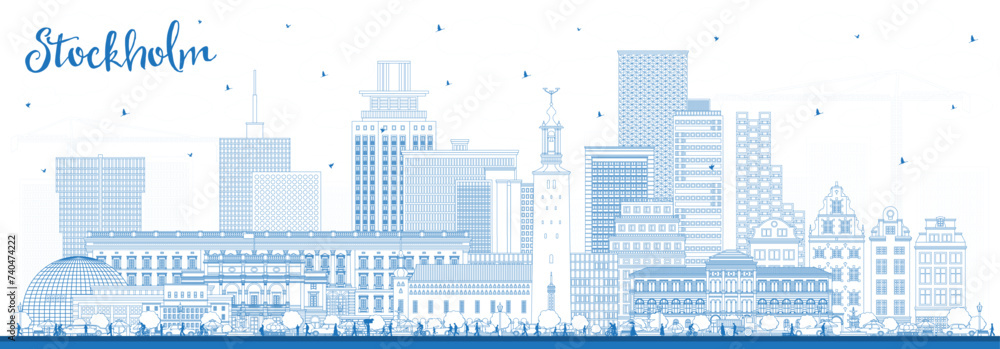 Outline Stockholm Sweden city skyline with blue buildings. Stockholm cityscape with landmarks. Business travel and tourism concept with modern and historic architecture.