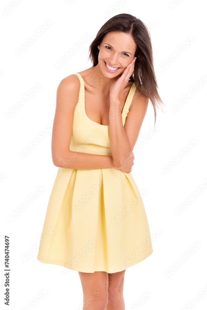 Woman, portrait and happy for fashion in studio, smiling and pride for stylish clothing. Female person, confidence and summer dress on white background, trendy and satisfaction for designer outfit