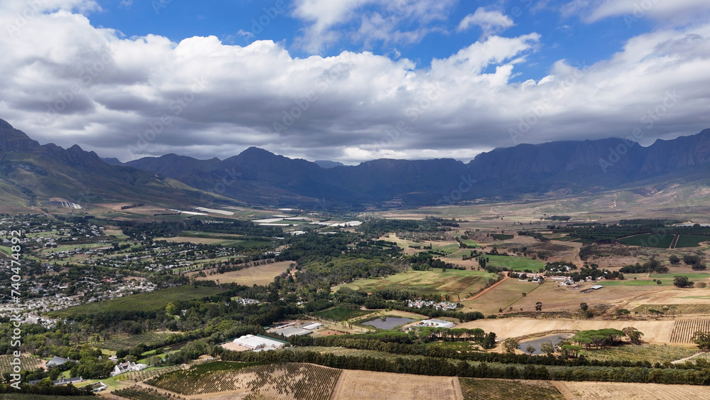 Aerial view of somerset west Winelands and mountains, cape town