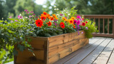 A DIY wooden planter box filled with vibrant flowers adding a pop of color to a neutralcolored deck.
