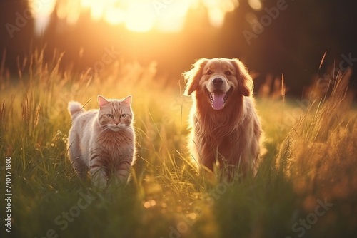 Sweet and playful interaction. cute dog and contented cat enjoying joyful moments together