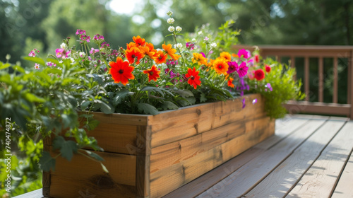 A DIY wooden planter box filled with vibrant flowers adding a pop of color to a neutralcolored deck. photo
