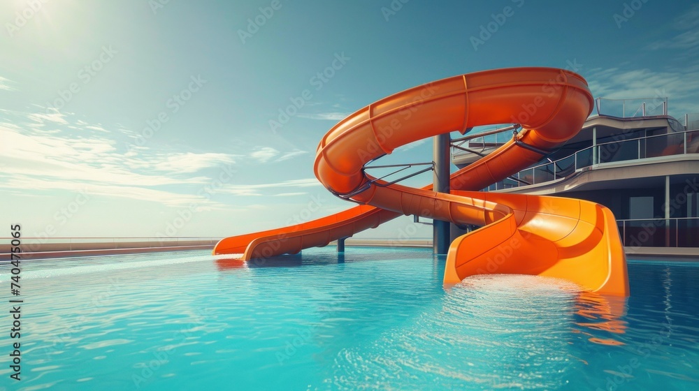 Water slides and swimming pool in aqua park. Amusement park on tourist resort - obrazy, fototapety, plakaty 