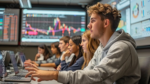 college students learning finance and cryptocurrency in an interactive classroom highly realistic