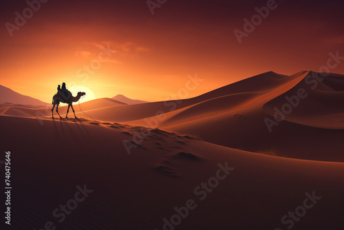 View of rolling sand dunes with the silhouette of a lone camel caravan at dusk